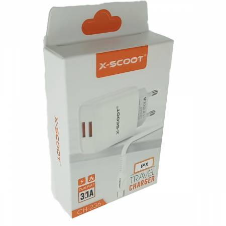 Set incarcator retea X-Scoot CH-236-L, 3.1A, 2 X USB, cablu USB si conector tip lightning tata, lungime 1m, alb [2]
