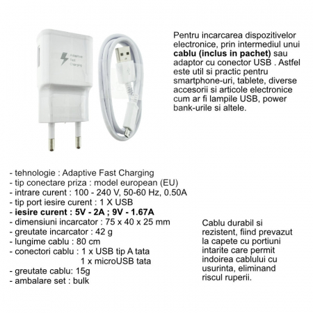 Set incarcator USB 2A, cu cablu microUSB 80 cm, Travel Adapter, Adaptive Fast Charging, alb, bulk [5]