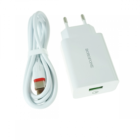 Set incarcator USB 18W, cu cablu USB-C lungime 1m, Borofone 70248, Quick Charge 3.0, 100 - 240V, 3A, alb [1]