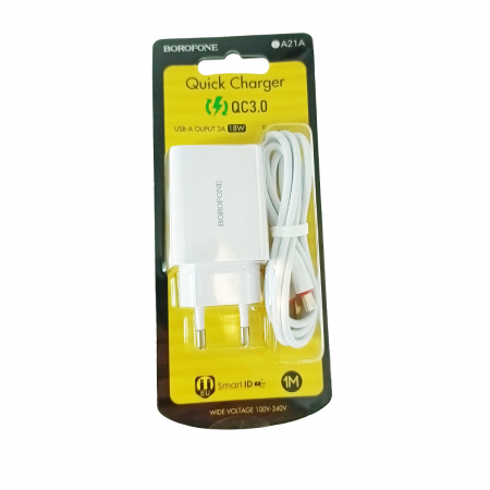 Set incarcator USB 18W, cu cablu USB-C lungime 1m, Borofone 70248, Quick Charge 3.0, 100 - 240V, 3A, alb [4]