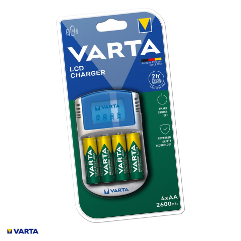 Energy - Set incarcator VARTA LCD Charger 57070 cu 4 acumulatori AA Ni-MH 2600 mAh, pentru acumulatori AA si AAA, 4 locuri, alimentare de la priza, auto 12 V sau USB, display LCD