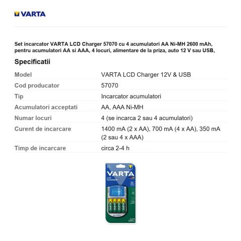 Set incarcator VARTA LCD Charger 57070 cu 4 acumulatori AA Ni-MH 2600 mAh, pentru acumulatori AA si AAA, 4 locuri, alimentare de la priza, auto 12 V sau USB, display LCD [2]