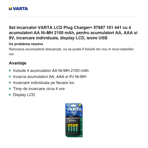 Set incarcator VARTA LCD Plug Charger+ 57687 101 441 cu 4 acumulatori AA Ni-MH 2100 mAh, pentru acumulatori AA, AAA si 9V, incarcare individuala, display LCD, iesire USB [1]