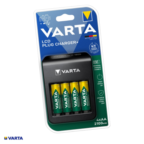 Energy - Set incarcator VARTA LCD Plug Charger+ 57687 101 441 cu 4 acumulatori AA Ni-MH 2100 mAh, pentru acumulatori AA, AAA si 9V, incarcare individuala, display LCD, iesire USB