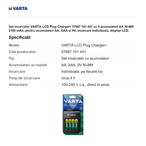Set incarcator VARTA LCD Plug Charger+ 57687 101 441 cu 4 acumulatori AA Ni-MH 2100 mAh, pentru acumulatori AA, AAA si 9V, incarcare individuala, display LCD, iesire USB [2]
