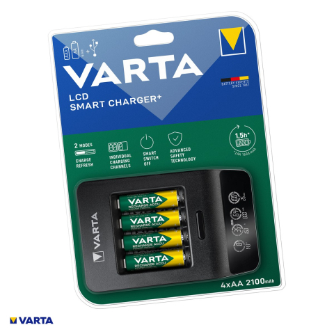 Energy - Set incarcator VARTA LCD Smart Charger+ 57684 101 441 cu 4 acumulatori AA Ni-MH 2100 mAh, 4 locuri individuale AA si AAA, display LCD cu tensiune si mAh, functie refresh, iesire USB