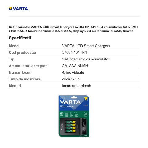 Set incarcator VARTA LCD Smart Charger+ 57684 101 441 cu 4 acumulatori AA Ni-MH 2100 mAh, 4 locuri individuale AA si AAA, display LCD cu tensiune si mAh, functie refresh, iesire USB [2]