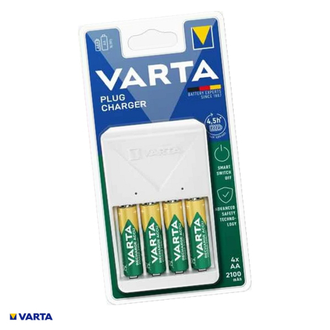 Energy - Set incarcator VARTA Plug Charger 57657 101 451 cu 4 acumulatori AA Ni-MH 2100 mAh, incarca 2 sau 4 acumulatori AA sau AAA, se pune direct in priza, indicatoare LED