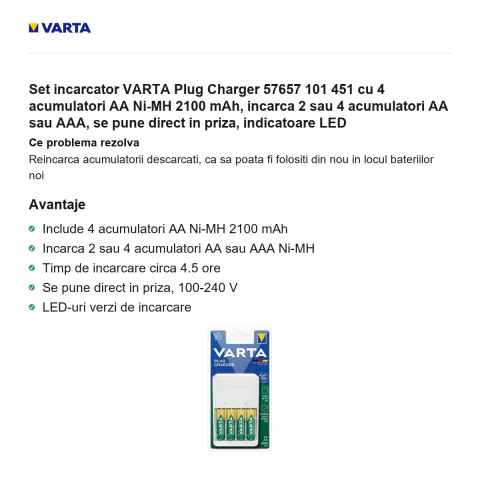 Set incarcator VARTA Plug Charger 57657 101 451 cu 4 acumulatori AA Ni-MH 2100 mAh, incarca 2 sau 4 acumulatori AA sau AAA, se pune direct in priza, indicatoare LED [1]