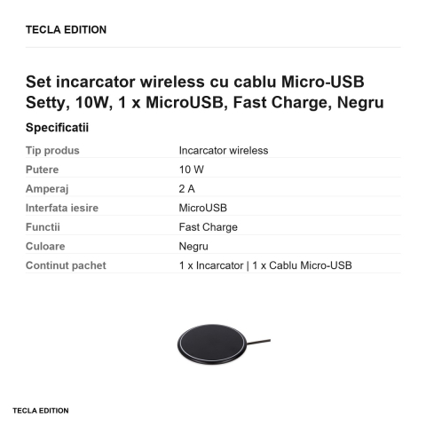 Set incarcator wireless cu cablu Micro-USB Setty, 10W, 1 x MicroUSB, Fast Charge, Negru [2]