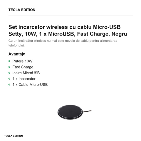 Set incarcator wireless cu cablu Micro-USB Setty, 10W, 1 x MicroUSB, Fast Charge, Negru [1]
