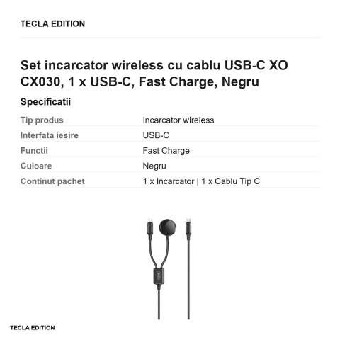 Set incarcator wireless cu cablu USB-C XO CX030, 1 x USB-C, Fast Charge, Negru [2]