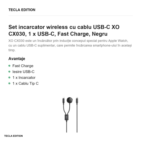 Set incarcator wireless cu cablu USB-C XO CX030, 1 x USB-C, Fast Charge, Negru [1]