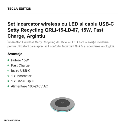 Set incarcator wireless cu LED si cablu USB-C Setty Recycling QRLI-15-LD-07, 15W, Fast Charge, Argintiu [1]