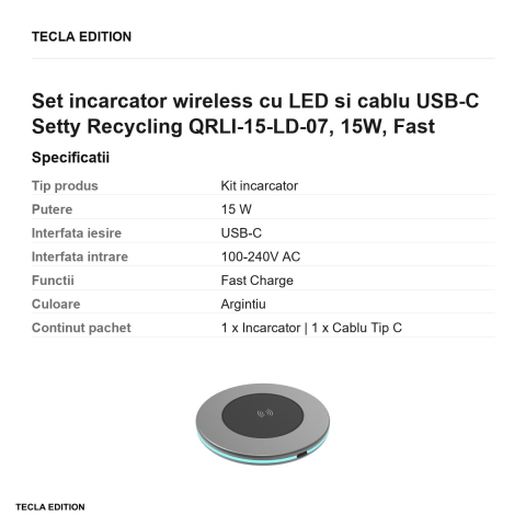 Set incarcator wireless cu LED si cablu USB-C Setty Recycling QRLI-15-LD-07, 15W, Fast Charge, Argintiu [2]