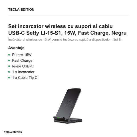 Set incarcator wireless cu suport si cablu USB-C Setty LI-15-S1, 15W, Fast Charge, Negru [1]