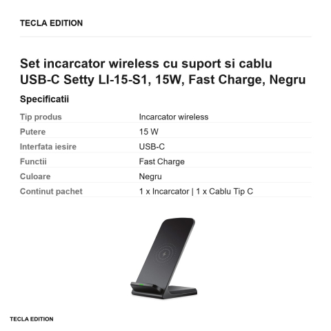 Set incarcator wireless cu suport si cablu USB-C Setty LI-15-S1, 15W, Fast Charge, Negru [2]