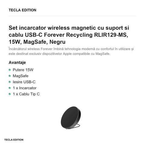 Set incarcator wireless magnetic cu suport si cablu USB-C Forever Recycling RLIR129-MS, 15W, MagSafe, Negru [1]