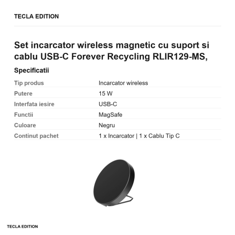 Set incarcator wireless magnetic cu suport si cablu USB-C Forever Recycling RLIR129-MS, 15W, MagSafe, Negru [2]