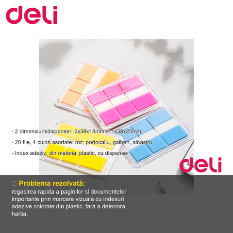Set index adeziv plastic Deli cu dispenser, 2 dimensiuni si 4 culori, pentru organizare rapida documente [1]