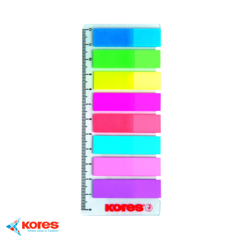 Notes, Post-it si cuburi de hartie - Set index plastic reinscriptibil Kores cu rigla, 8 culori x 15 file, 12x45 mm, pentru organizare documente