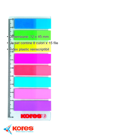 Set index plastic reinscriptibil Kores cu rigla, 8 culori x 15 file, 12x45 mm, pentru organizare documente [2]