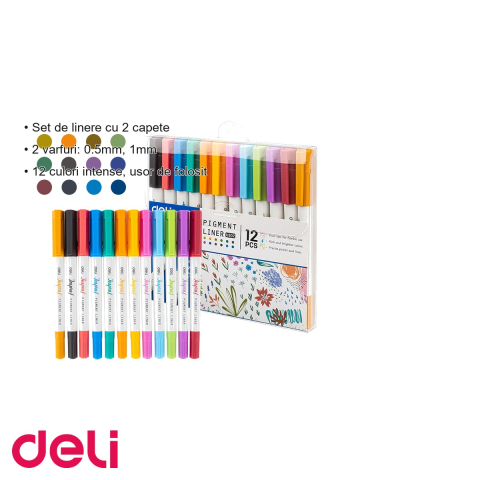 Set linere cu 2 capete Deli Inspira, 0.5mm si 1mm, 12 culori intense, pentru desen si scriere [2]