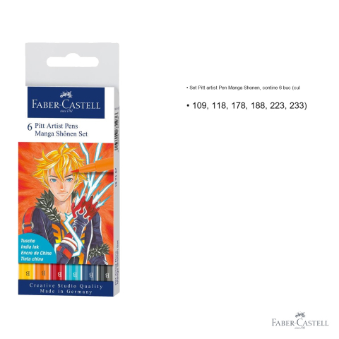 Set linere Faber-Castell Pitt Artist Pen Manga Shonen, 6 culori, tus India, pentru desen manga si ilustratie [2]