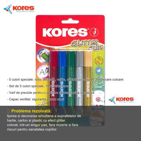 Set lipici lichid glitter Kores, 5 culori cu sclipici, 10.5 ml/culoare, pentru hartie, carton si plastic [1]