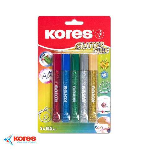 Handmade Creativ si Hobby - Set lipici lichid glitter Kores, 5 culori cu sclipici, 10.5 ml/culoare, pentru hartie, carton si plastic