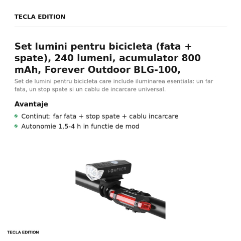 Set lumini pentru bicicleta (fata + spate), 240 lumeni, acumulator 800 mAh, Forever Outdoor BLG-100, negru/rosu [1]