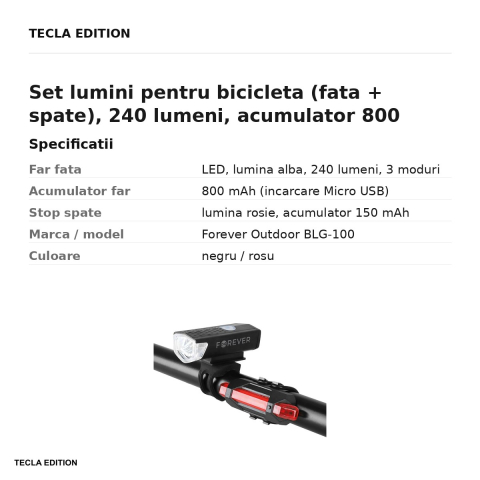 Set lumini pentru bicicleta (fata + spate), 240 lumeni, acumulator 800 mAh, Forever Outdoor BLG-100, negru/rosu [2]