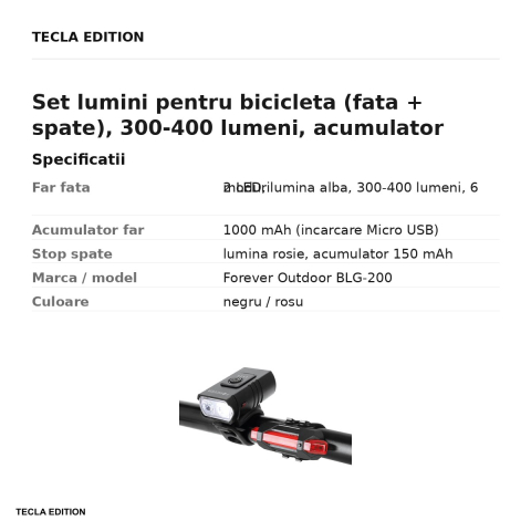 Set lumini pentru bicicleta (fata + spate), 300-400 lumeni, acumulator 1000 mAh, Forever Outdoor BLG-200, negru/rosu [2]
