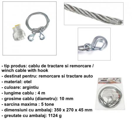 Set manusi cu cablu de remorcare si tractare din otel, lungime 4 m, grosime 10 mm, cu carlige, sarcina maxima 5T [3]