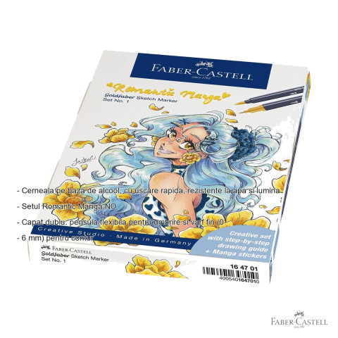Set markere sketch Faber-Castell Goldfaber Romantic Manga No.1, 8 sketchmarkere + 2 Pitt Artist Pen + creion grafit, pentru ilustratii manga [1]