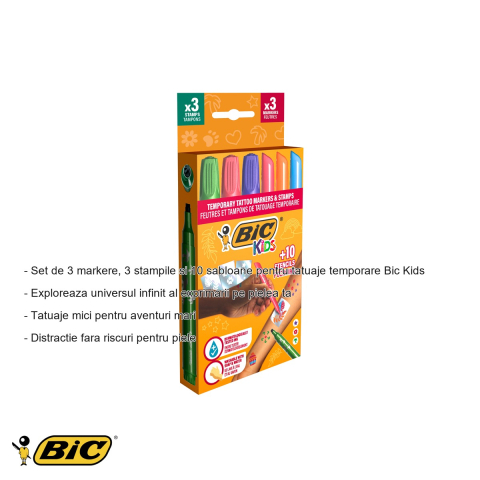 Set markere tatuaje temporare Bic Kids, 3 markere + 3 stampile + 10 sabloane, pentru copii [1]