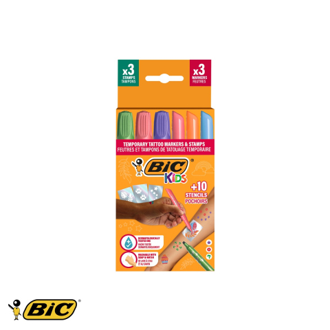 Set markere tatuaje temporare Bic Kids, 3 markere + 3 stampile + 10 sabloane, pentru copii [0]