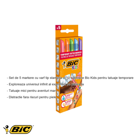 Set markere tatuaje temporare Bic Kids, 5 markere cu varf stampila si 10 sabloane, pentru copii [1]