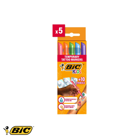 Machiaj temporar si efecte speciale - Set markere tatuaje temporare Bic Kids, 5 markere cu varf stampila si 10 sabloane, pentru copii