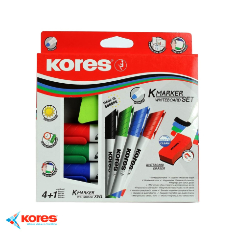 Instrumente de scris - Set markere whiteboard Kores, varf rotund 3mm, 4 culori + burete magnetic, pentru prezentari si birou
