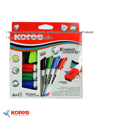 Set markere whiteboard Kores, varf rotund 3mm, 4 culori + burete magnetic, pentru prezentari si birou [2]