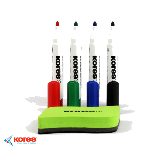 Set markere whiteboard Kores, varf rotund 3mm, 4 culori + burete magnetic, pentru prezentari si birou [4]