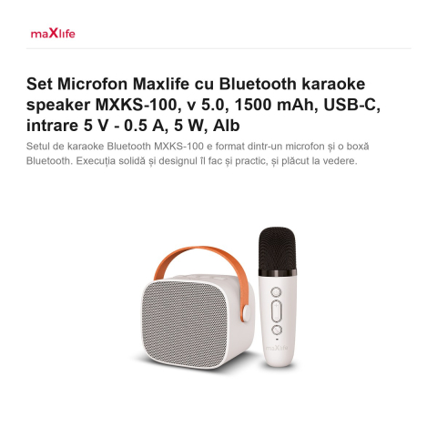 Set Microfon Maxlife cu Bluetooth karaoke speaker MXKS-100, v 5.0, 1500 mAh, USB-C, intrare 5 V - 0.5 A, 5 W, Alb [1]