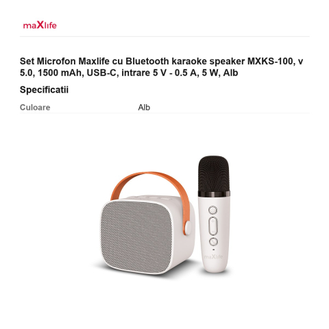 Set Microfon Maxlife cu Bluetooth karaoke speaker MXKS-100, v 5.0, 1500 mAh, USB-C, intrare 5 V - 0.5 A, 5 W, Alb [2]