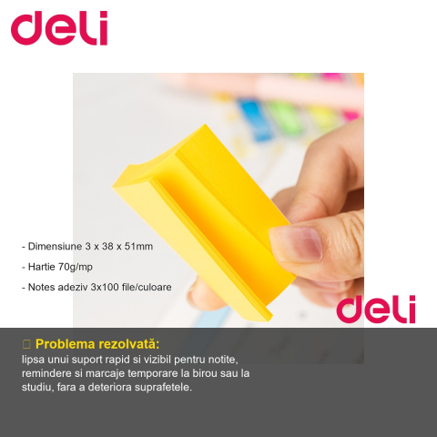 Set notes adezive Deli, 3 culori x 100 file, dimensiune 38x51mm, pentru organizare rapida la birou [1]