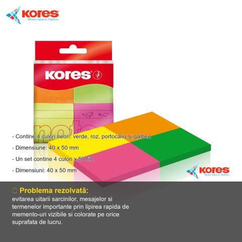 Set notes adezive Kores neon, 4 culori, 40x50 mm, 200 file, pentru memento-uri si organizare rapida [1]