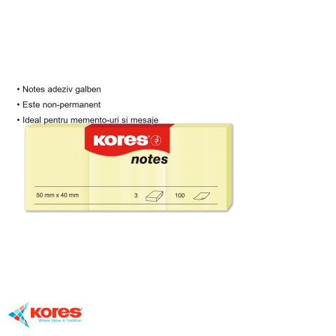 Set notesuri adezive Kores, galben pal, 40x50 mm, 3x100 file, repozitionabile, pentru memento-uri si mesaje [2]