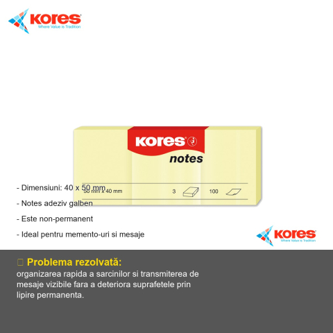 Set notesuri adezive Kores, galben pal, 40x50 mm, 3x100 file, repozitionabile, pentru memento-uri si mesaje [1]