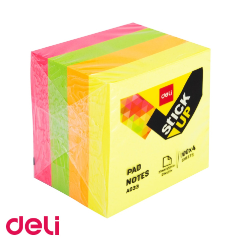 Notes, Post-it si cuburi de hartie - Set notite adezive Deli, 400 file neon 51x51 mm, 4 culori asortate, pentru organizare rapida