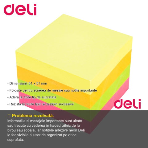 Set notite adezive Deli, 400 file neon 51x51 mm, 4 culori asortate, pentru organizare rapida [1]